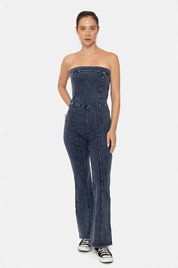 Cotton Blend Strapless Flared Denim