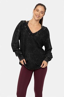 Mineral Wash Cotton Blend Deep V-Neck Black