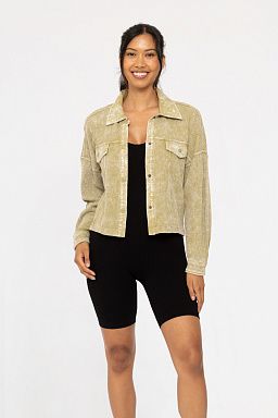 Waffle Knit Mineral-Washed Cropped Jacket Cactus green